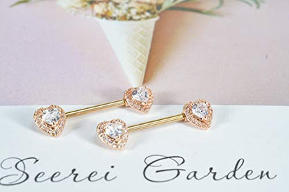 HQLA 14G Dainty CZ Love Heart Nipple Rings Tongue Ring Surgical Steel Nipple rings Piercing Women Barbells 2Pcs 25/8"(16mm) - style: Rose Gold
