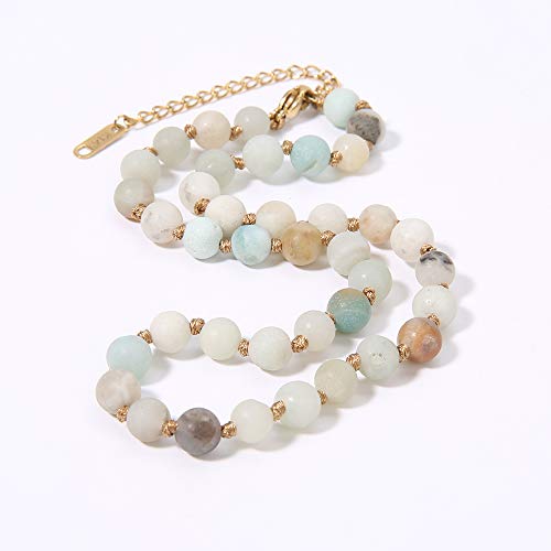 Semi Precious Stone Beaded Choker Necklace 14K Gold Plated Natural Stone Double Strand Necklace Layered Short Necklaces - color: Amazonite