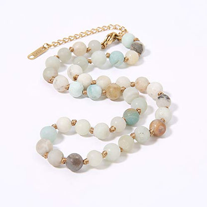 Semi Precious Stone Beaded Choker Necklace 14K Gold Plated Natural Stone Double Strand Necklace Layered Short Necklaces - color: Amazonite