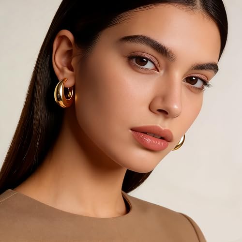 Chunky Hoop Earrings for Women 14K Gold Plated Small Huggie Hoops Lightweight Hypoallergenic Jewelry Gift - style: Simple Hoop-gold 22mm