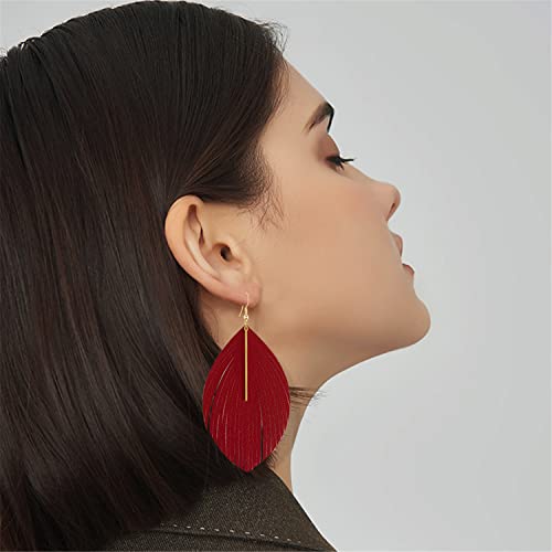 Bohemian Handmade Lightweight Color Large Genuine Soft Leather Fringe Feather Leaf Tear Dangle Drop Earrings for Women Statement - color: Red