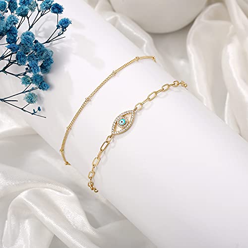 Dainty Gold Bracelets for Women, 14K Gold Plated Adjustable Layered Beads Bracelet Cute Evil Eye Oval Chain Pearl Bar Turtle Gold Bracelets for Women Jewelry - style: Beads Chain&Evil Eye