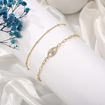 Dainty Gold Bracelets for Women, 14K Gold Plated Adjustable Layered Beads Bracelet Cute Evil Eye Oval Chain Pearl Bar Turtle Gold Bracelets for Women Jewelry - style: Beads Chain&Evil Eye