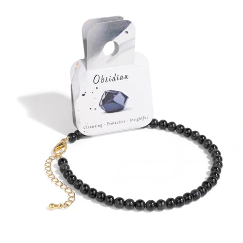 Natural Stone Beaded Anklets for Women, Handmade Boho Clear Quartz 4mm Crystal Beads Anklet, Gold Chain Adjustable Ankles Bracelet, Beach Summer Jewelry Gemstone Foot Bracelet Gift - color: Black Obsidian