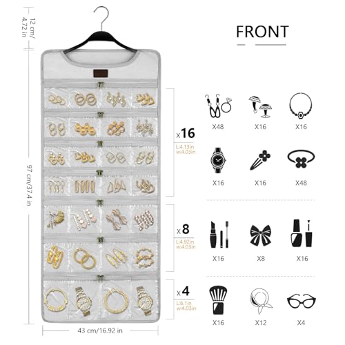 SMRITI Hanging Jewelry Organizer with Dual Zippered Pockets Canvas Double Sided Rotating Hanger Necklace Hanging Wall Organizer Earring Dustproof Holder Wall Mount Accessories Display Bag(Light Grey) - color: Light Grey