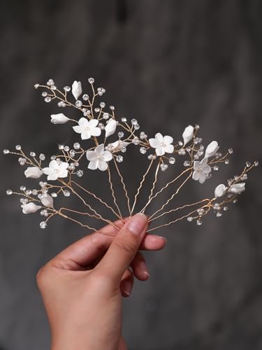 Rhinestone Pearl Hair Pins, 6 Pcs 3D Pinch White Flower Bridal Handmade Sparkling Fairy Bride Wedding Hair Pieces Leaf U Shaped Hair Accessories Headpiece Bridesmaids Women Girls Gold - color: Gold / Rhinestone White Flower