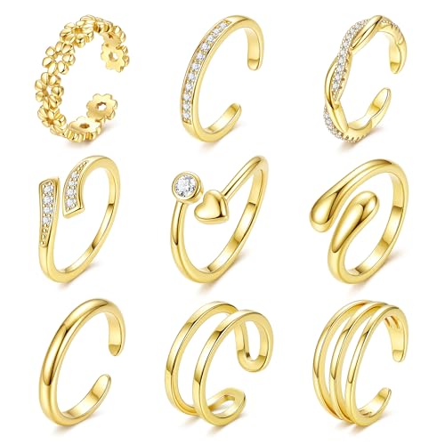 9Pcs 14K Gold Filled Toe Rings for Women Non Tarnish Waterproof Toe Ring Set Adjustable Dainty Simple CZ Open Band Toe Rings Beach Summer Foot Jewelry