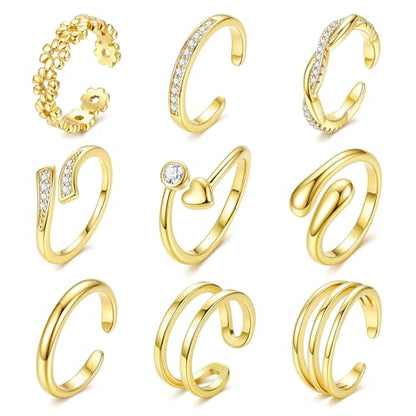 9Pcs 14K Gold Filled Toe Rings for Women Non Tarnish Waterproof Toe Ring Set Adjustable Dainty Simple CZ Open Band Toe Rings Beach Summer Foot Jewelry