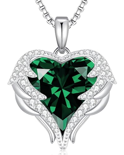 CDE Angel Wings Heart Birthstone Pendant Necklace Gift for Women | Silver/Gold Tone,Ideal Birthday & Anniversary Jewelry Gift for Wife,Girlfriend,Her - color: White-05-Emerald Green Birthstone