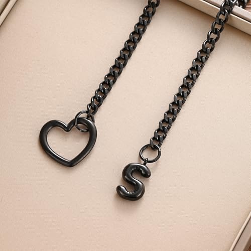 sroyte Black Heart Slip Chain Initial Necklaces for Women,Stainless Steel O-Ring Adjustable Lariat Heart Y-Necklace,Punk Gothic Cuban Collar Choker Necklace for women - color: Black S