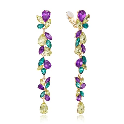 Crysdue Clip On Earrings for Women Rhinestone Crystal Teardrop Cluster Wedding Bridal Non Pierced Long Dangle Earring for Prom Party - color: Multicolor Gold Tone