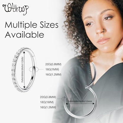 WBRWP Nose Rings Hoops for Women: 316L Surgical Steel Double Hoop Nose Rings Hinged CZ Septum Clicker Conch Cartilage Helix Rook Tragus Daith Earring Hoops Piercing Jewelry - color: Silver, size: 14G 10mm
