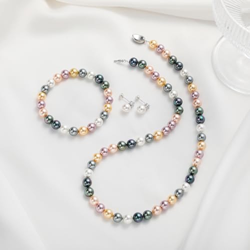 Pearl Necklaces for Women,8mm Pearl Necklace and Earring Bracelet Jewelry Set for Women Men Wedding Birthday Valentine Christmas Day Gifts - color: Mix-Color