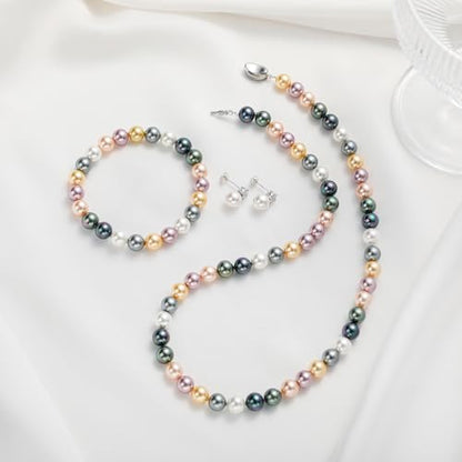 Pearl Necklaces for Women,8mm Pearl Necklace and Earring Bracelet Jewelry Set for Women Men Wedding Birthday Valentine Christmas Day Gifts - color: Mix-Color
