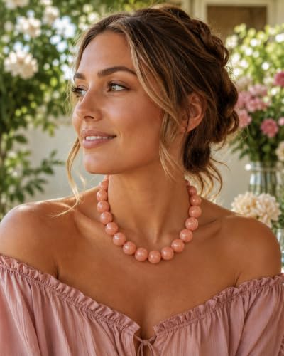 Colorful Chunky Beaded Necklaces for Women Trendy Large Bead Statement Necklace Boho Resin Bead Choker Summer Beach Jewelry Gifts Accessories - color: Peach Nude