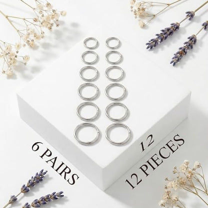 6Pairs Nose Rings Hoops - 316L Surgical Steel Hinged Nose Hoops 16G/18G/20G Clicker Septum Nose Ring Lip Helix Cartilage Hoop Earring Daith Rook Conch Body Piercing Jewelry for Women Men 6mm 7mm 8mm 9mm 10mm 12mm - color: Silver, size: 18 gauge(1mm)