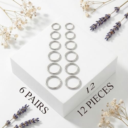 6Pairs Nose Rings Hoops - 316L Surgical Steel Hinged Nose Hoops 16G/18G/20G Clicker Septum Nose Ring Lip Helix Cartilage Hoop Earring Daith Rook Conch Body Piercing Jewelry for Women Men 6mm 7mm 8mm 9mm 10mm 12mm - color: Silver, size: 20 gauge(0.8mm)