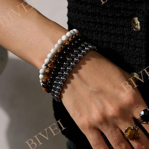 Bivei 6mm Beaded Bracelets for Women Handmade Semi Precious Natural Stone Stretch Elastic Jewelry Yoga Protection Gifts - color: Black Tourmaline - Protection & Grounding, size: Medium 6.8-7.3 inch
