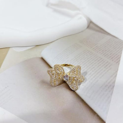 Luxury Rhinestone Bowknot Open Ring For Women Gold Silver Plated Adjustable Sparkly CZ Crystal Butterfly Finger Band Statement Bow Tie Ribbon Rings Fashion Shiny Wedding Promise Cocktail Jewelry For Her Gifts - color: Gold
