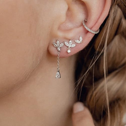 Sterling Silver Earrings Stacks for Women, Hypoallergenic Cartilage Earring | Dainty Stud Huggie Hoop Dangle Chain Earrings, 14K Gold/White Gold Plated - color: 3Pairs-Dangle CZ Set-Silver