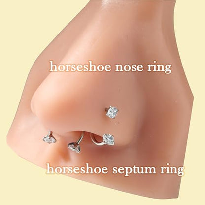 Longita 20g Nose Rings Hoop L Shape Nose Studs Stainless Steel Nose Screw Bone Flat Top Diamond Opal Heart High Nostril Piercing Jewelry Silver Rose Gold Black Pack for Women Men - color: C5- Horseshoe Ring 18g 6/7/8mm- silver 3pcs