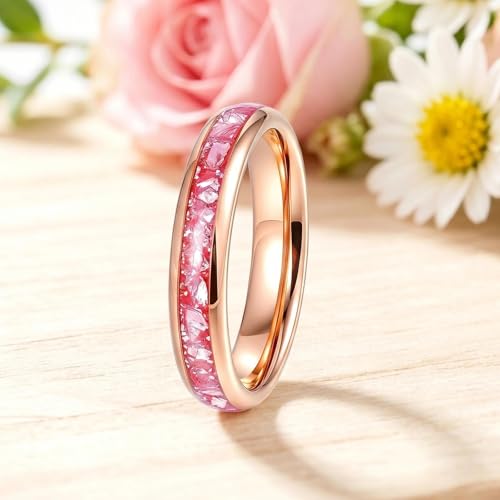 4mm/8mm Tungsten Wedding Bands for Men Women Ruby/Morganite/Emerald | Aquamarine/Zirconia, Black/Rose Gold/14K Gold, Engagement Promise Ring, Anniversary Valentine Day Birthday Gift for Him/Her - color: 4mm Rose Gold and Pink