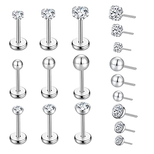 9pcs Threadless Push in Nose Rings Studs for Multiple Piercing,316L Surgical Stainless Steel Lip Rings Studs Labret Jewelry Cartilage Tragus Helix Earrings Studs Monroe Medusa Piercing Jewelry for Women Men - color: A1,20G Silver(6mm)
