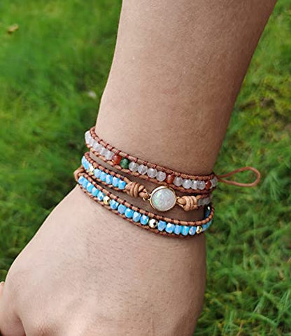 Women Wrap Bracelets Boho Natural Stone Jasper Turquoises Strand Bracelet Jewelry Collection - color: Nature stone