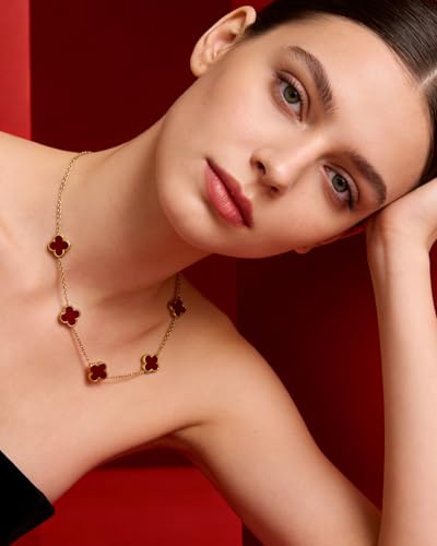 Four Leaf Clover Necklace 18K Gold Plated Necklaces for Women Lucky Flower Pendant Adjustable Link Chain Stainless Steel Dainty Trendy Simple Jewelry Gifts for Women - color: 5G-Red