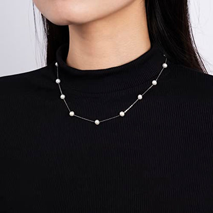 925 Sterling Silver Dainty Freshwater Cultured Pearl Choker Necklace White Genuine Real Pearl Charm Necklaces Jewelry Gifts for Her - color: Satellite Pearl 6-7mm AAAAA-Silver