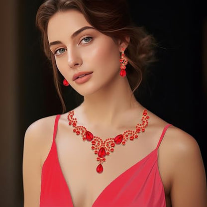 Paxuan Crystal Bridal Wedding Jewelry Sets for Women Rhinestone Teardrop Crystal Statement Choker Necklace Drop Earrings Link Bracelets Rings Teardrop Jewelry Set for Brides Bridesmaids - color: Necklace+Earrings+Bracelet+Ring（Red）New