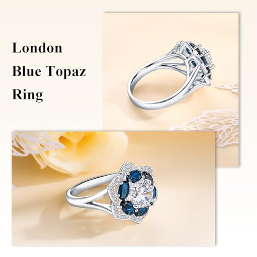 Flower Cocktail Ring for Women Stone Engagement Anniversary Rings | Sterling Silve|Hypoallergenic|Ruby|Sapphire|Emerald|Wedding and Birthday Party Women Statement Ring|Mother and Grandma Gift - color: London Blue Topaz (Dec.)