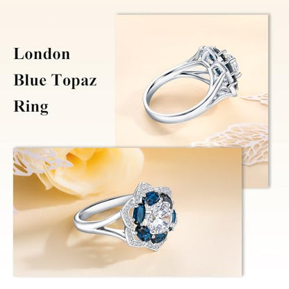 Flower Cocktail Ring for Women Stone Engagement Anniversary Rings | Sterling Silve|Hypoallergenic|Ruby|Sapphire|Emerald|Wedding and Birthday Party Women Statement Ring|Mother and Grandma Gift - color: London Blue Topaz (Dec.)