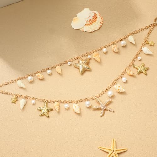 14K Gold Plated Waist Chain for Women Layered Waist Beads Belly Chain Belt, Waterproof Summer Beach Body Jewelry for Bikini, Festival Vacation Accessories for Women - style: Star Shell Pearl
