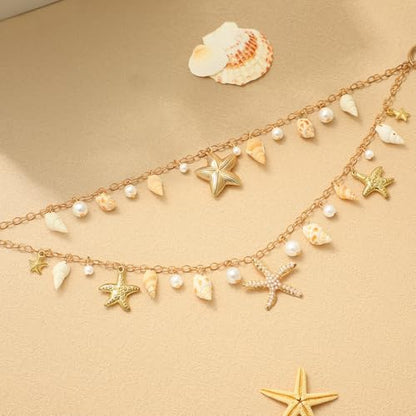 14K Gold Plated Waist Chain for Women Layered Waist Beads Belly Chain Belt, Waterproof Summer Beach Body Jewelry for Bikini, Festival Vacation Accessories for Women - style: Star Shell Pearl