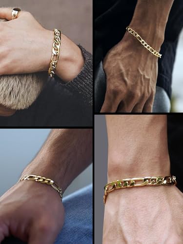 ChainsHouse Figaro Link Chain Bracelet for Men Stainless Steel Jewelry | Black/ Gold Bracelets Men, 6/9/13mm Figaro Cuabn Bracelets 7.5"/8.3", Chunky Hip Hop Wrist Hand Chain Bracelet for Gift - color: a: 9mm-gold
