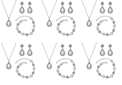 Bridesmaid Jewelry Set for Women,Pendant 18K Gold & Silver & Rose Gold Pendant Necklace Earrings Bracelet Set,Dainty Gift for Wedding/Proposal/Party/Anniversary - color: SILVER - 6 SETS