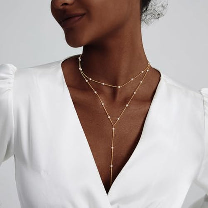 LULII Gold Necklace for Women Trendy Lariat Y Necklace Dainty 14k Gold Plated/Silver Long Necklaces for Women Layered Beaded Drop Necklaces Simple Y-Shaped Chain Jewelry Gifts - color: Y Layered Pearl Necklace-Gold