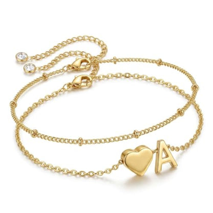 Gold Plated Layered Initial Charm Bracelet for Women - Personalized A-Z Letter Jewelry with Satellite Chain, Adjustable Bracelet Gift for Her, Everyday Wear - color: Gold-A