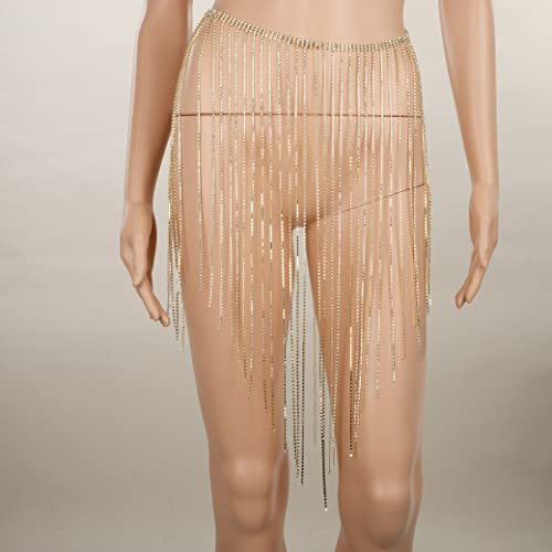 Rhinestone Gold Waist Chain with Long Tassel and Crystal Underwear Chain - Belly Chain Body Chain for Women - Night Club Party Accessory (Gold 2)