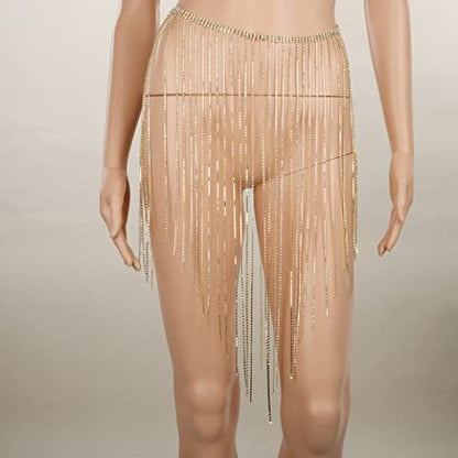 Rhinestone Gold Waist Chain with Long Tassel and Crystal Underwear Chain - Belly Chain Body Chain for Women - Night Club Party Accessory (Gold 2)
