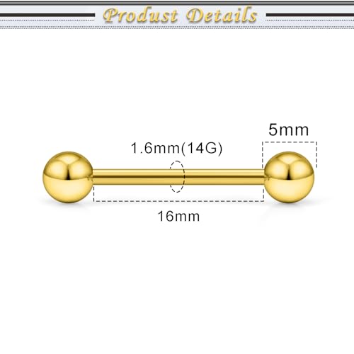 16G 14G Surgical Steel Tongue Rings Nipple Rings Industrial Piercing Jewelry Set Multi Size Straight Barbells 12mm 14mm 16mm 19mm 22mm 28mm 32mm 35mm 38mm 40mm 45mm for Women Men - color: goldtone, size: 14g,bar length 16mm