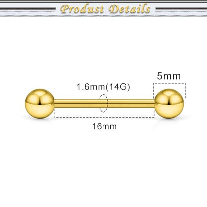 16G 14G Surgical Steel Tongue Rings Nipple Rings Industrial Piercing Jewelry Set Multi Size Straight Barbells 12mm 14mm 16mm 19mm 22mm 28mm 32mm 35mm 38mm 40mm 45mm for Women Men - color: goldtone, size: 14g,bar length 16mm