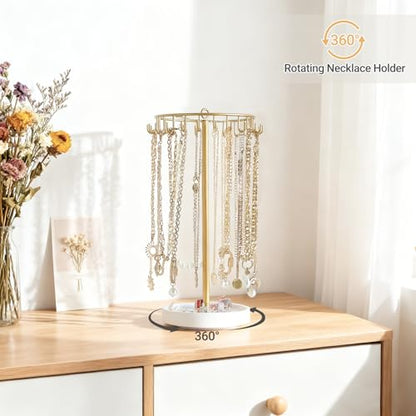 Mkono Rotating Necklace Holder, Gold Jewelry Display Rack Organizer Stand | 360° Rotation Tree Tower, 22 Hooks Hanging, Storage for Bracelets Keychains, Home Bedroom Dressing Table Decor,Women Gifts