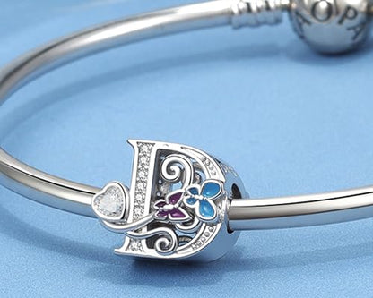 S925 Silver Butterfly Initial Letter Charms Fit for Pandora Charms Bracelets and Necklace Alphabet Bead Charms Jewelry Gifts for Women - color: D