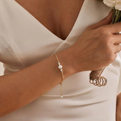 Bracelets for Women, Dainty Gold Silver Ring Bracelet Hand Chain | Cubic Zirconia Pearl Charms, 14K Gold Plated, Adjustable Fit, Trendy Stackable Link Chain, Waterproof Jewelry, Gift for Her - color: Gold-pearl cz bracelet