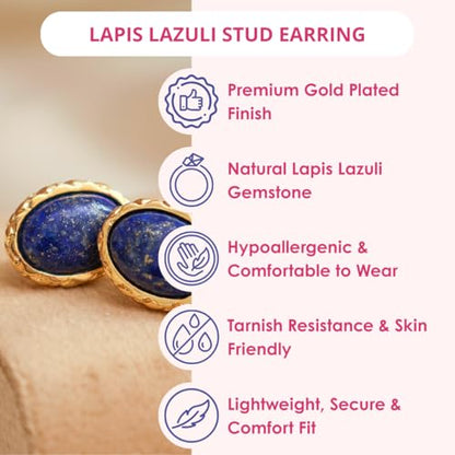 Gempires Bold Oval Gemstone Stud Earrings for Women – Natural Healing Stone Jewelry 14K Gold-Plated Hypoallergenic Tarnish-Resistant – Bold Statement Studs Gift for Her - style: Lapis Lazuli