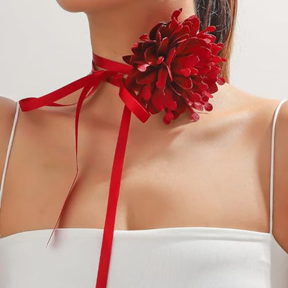 Rose Black Velvet Floral Choker Necklace - Camellia Daisy Rosette - Spring Summer Flower Jewelry - color: Red 3