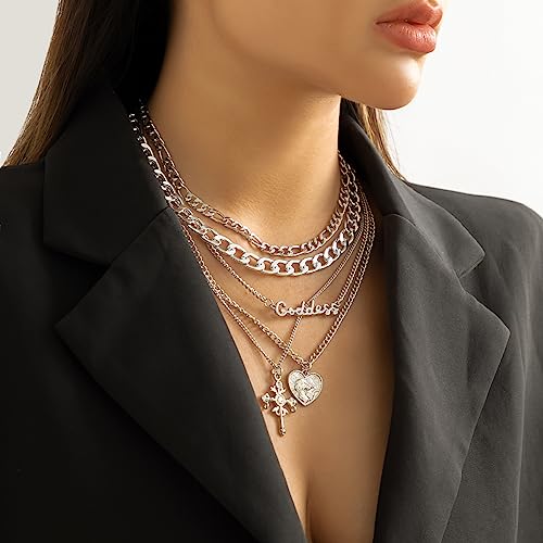 Chunky Gold Necklace Stack Layered Gold Necklaces for Women Non Tarnish Silver Statement Necklace Paperclip Chain Necklace Set Layering Big Heart Coin Cross Necklace Chunky Jewelry - style: 3 - silver with cross