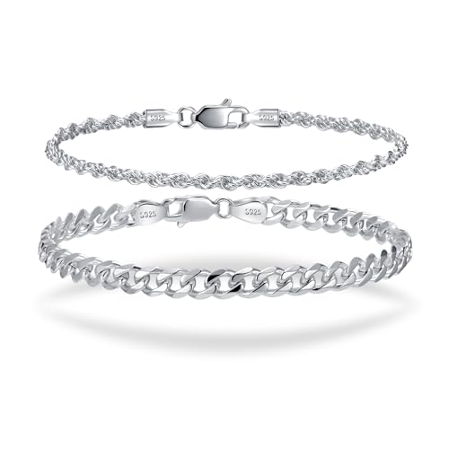 S925 Sterling Silver 6mm Cuban Link Chain Bracelets for Men,2.5mm Rope Chain Mens Bracelet Set for Men's&woman,Trendy hip-hop stacking Chain Gift Boyfriend/Girlfriend,Non Tarnish Hypoallergenic - style: Silver Rope chain + Cuban link